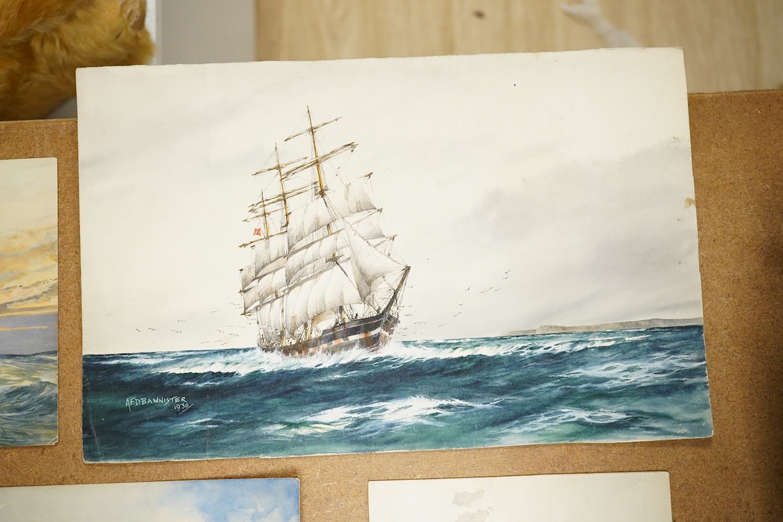 Charles Hopkins and AFD Bannister, five original watercolours for postcard designs, Channel shipping scenes to include ‘Off Dover’ and ‘Off the Gull Light’, four by Hopkins, one by Bannister, four signed, unframed, large